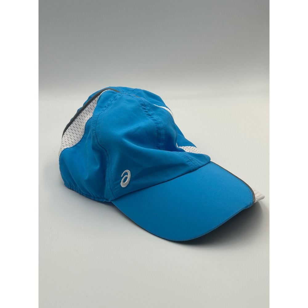 Asics Running Hat Blue White Mesh Reflective Performance Adjustable Training Cap